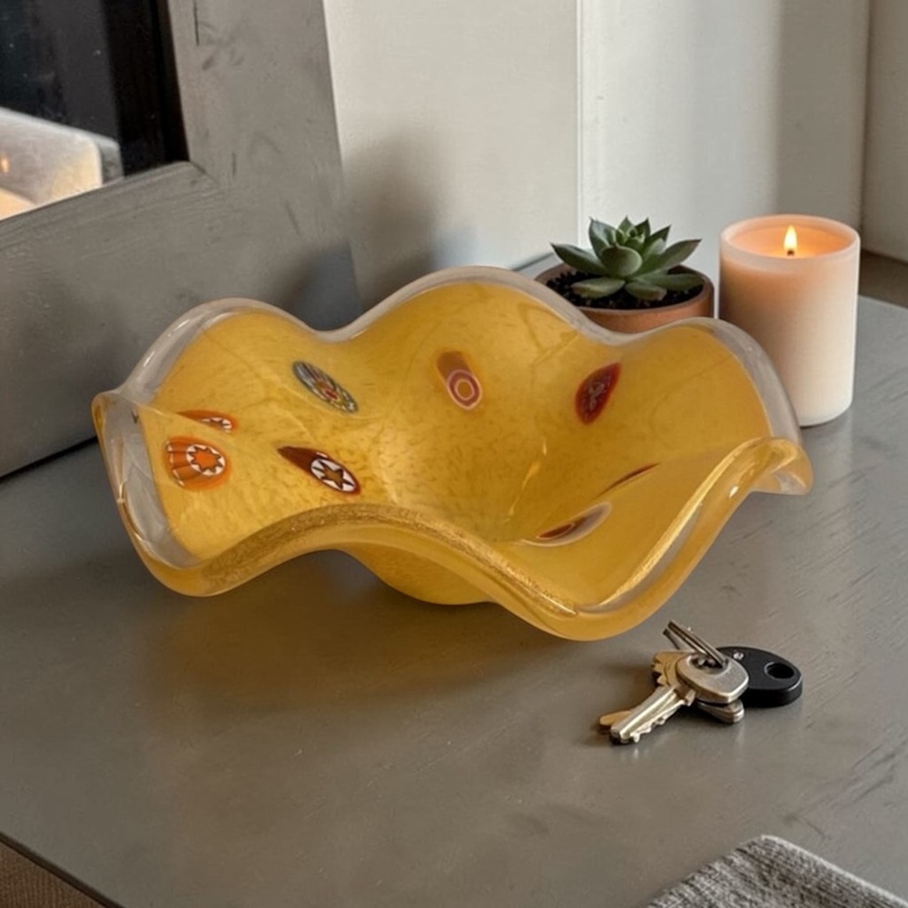 Vintage Yellow Art Glass Bowl Millefiori Ruffle Edge Hand Blown Style Decorative